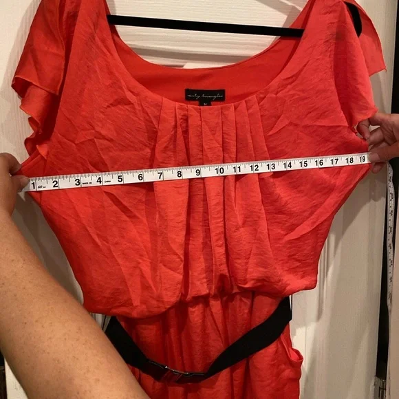 Super Flattering Coral Mini Dress with Black Belt from City Triangles, size M - Picture 10 of 11